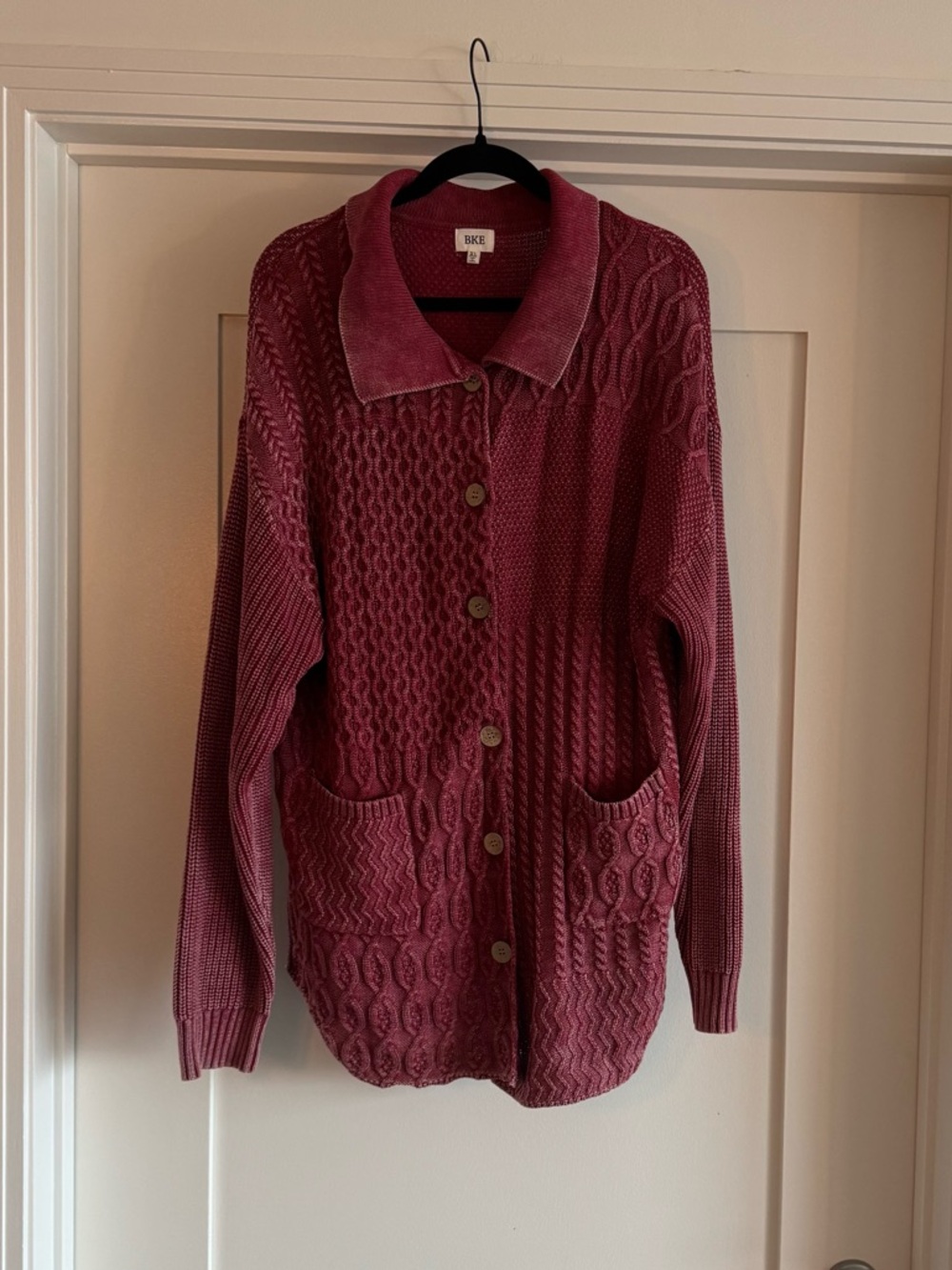 BKE Western Style Cable-Knit Button Cardigan - Red